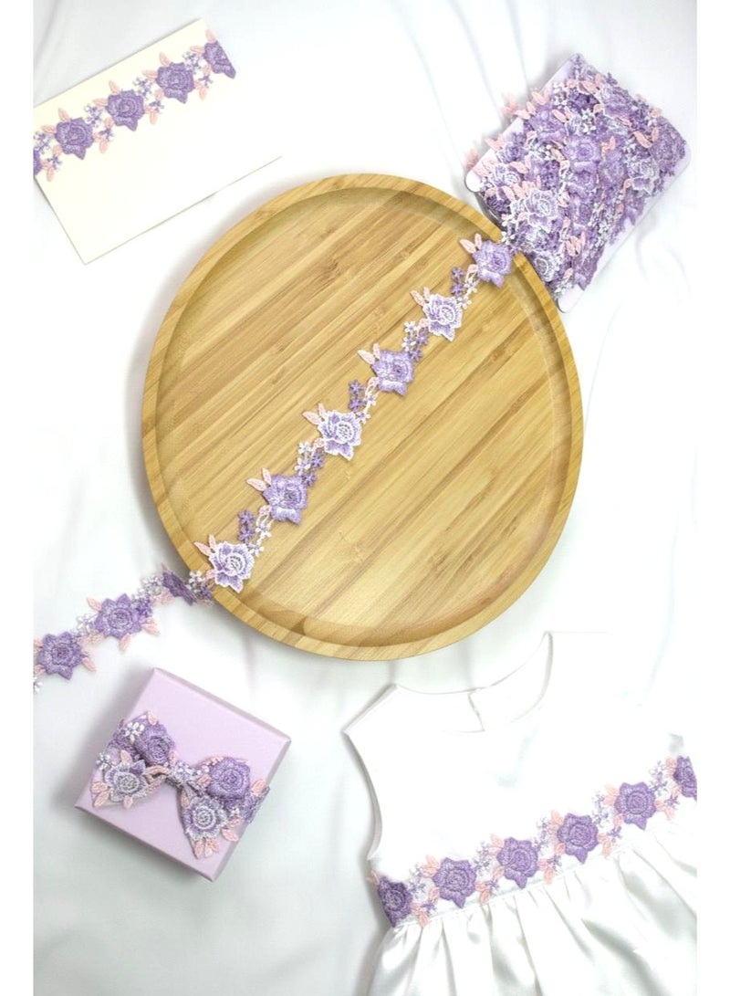 Luxury Purple with Pink Floral Lace Border - 5 Yards - High-Density Embroidered Trim for DIY Sewing, Hijabs, and Dressmaking. - Image 1